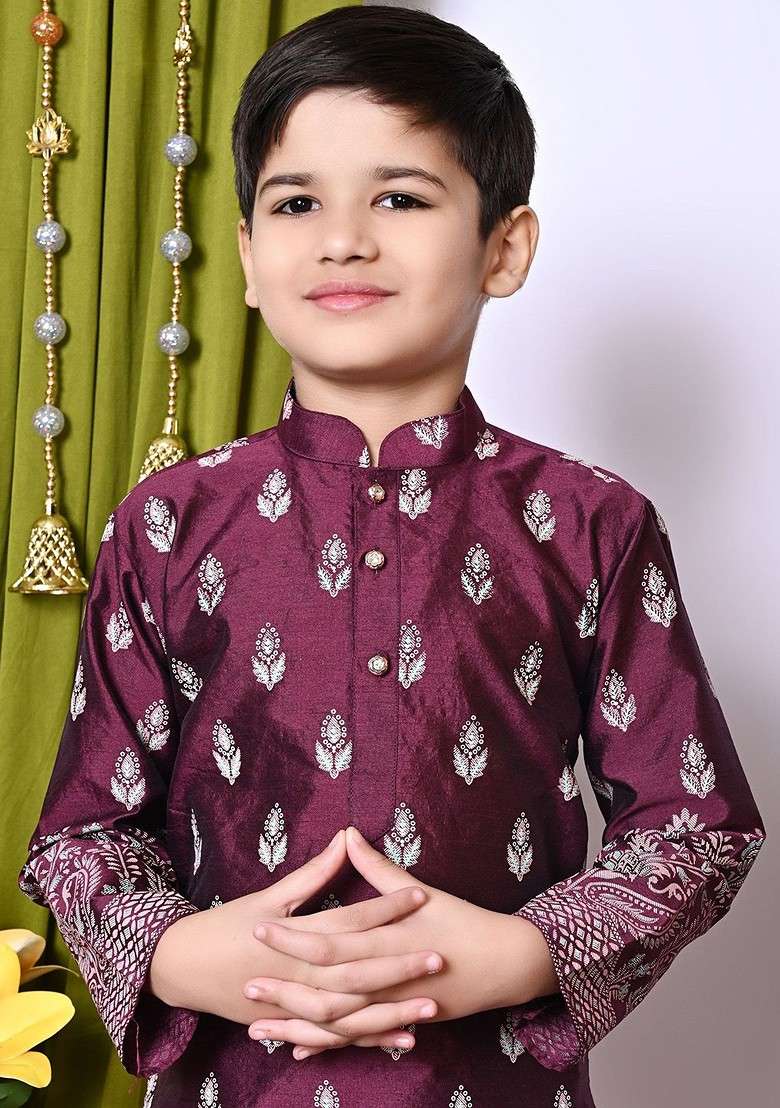 Purple Printed Silk Kurta Set For Boys - Indya