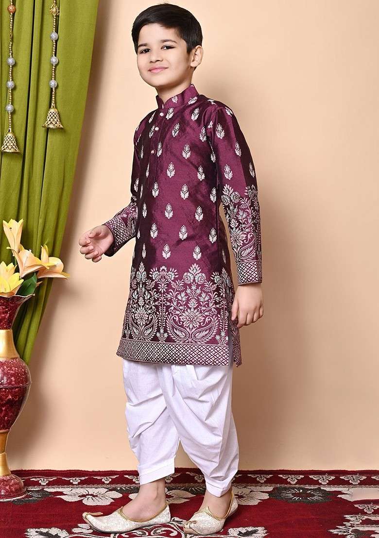 Purple Printed Silk Kurta Set For Boys - Indya