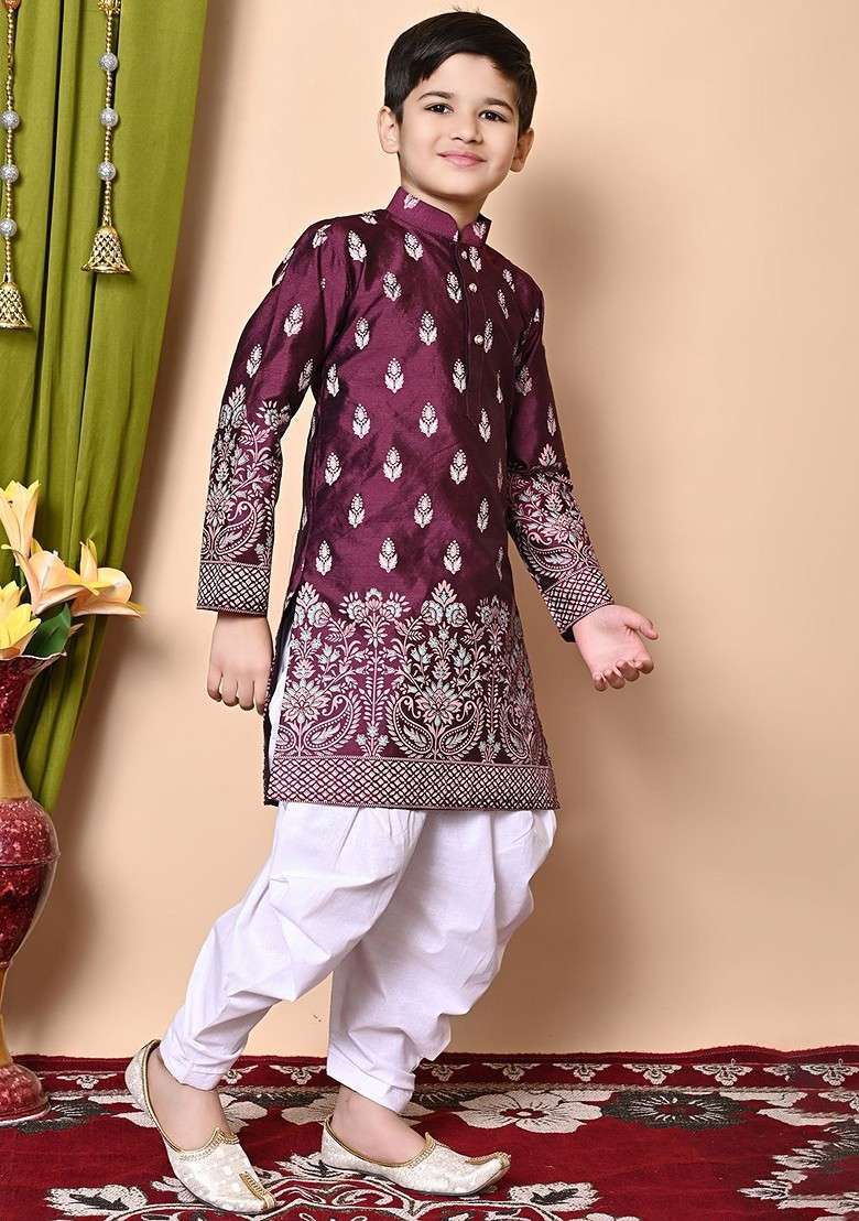 Purple Printed Silk Kurta Set For Boys - Indya