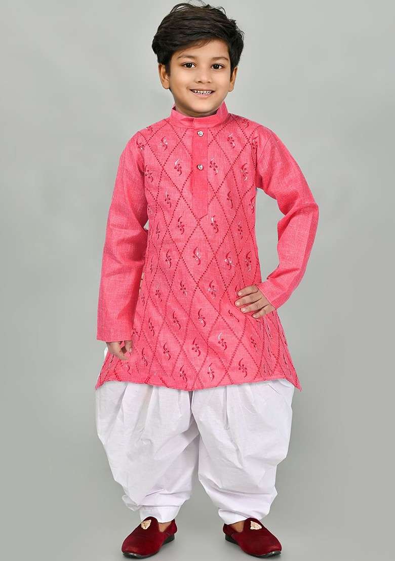 Orange Embroidered Blended Kurta Set For Boys - Indya