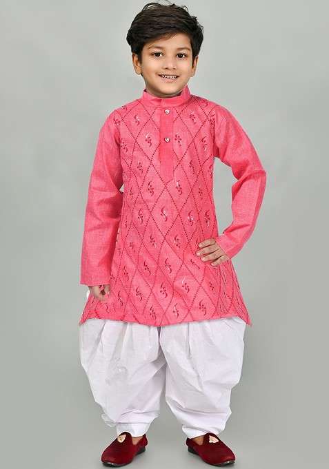Orange Embroidered Blended Kurta Set For Boys