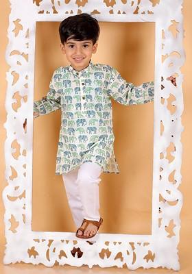 White Printed Cotton Kurta Set For Boys