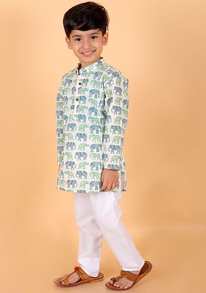 White Printed Cotton Kurta Set For Boys - Indya