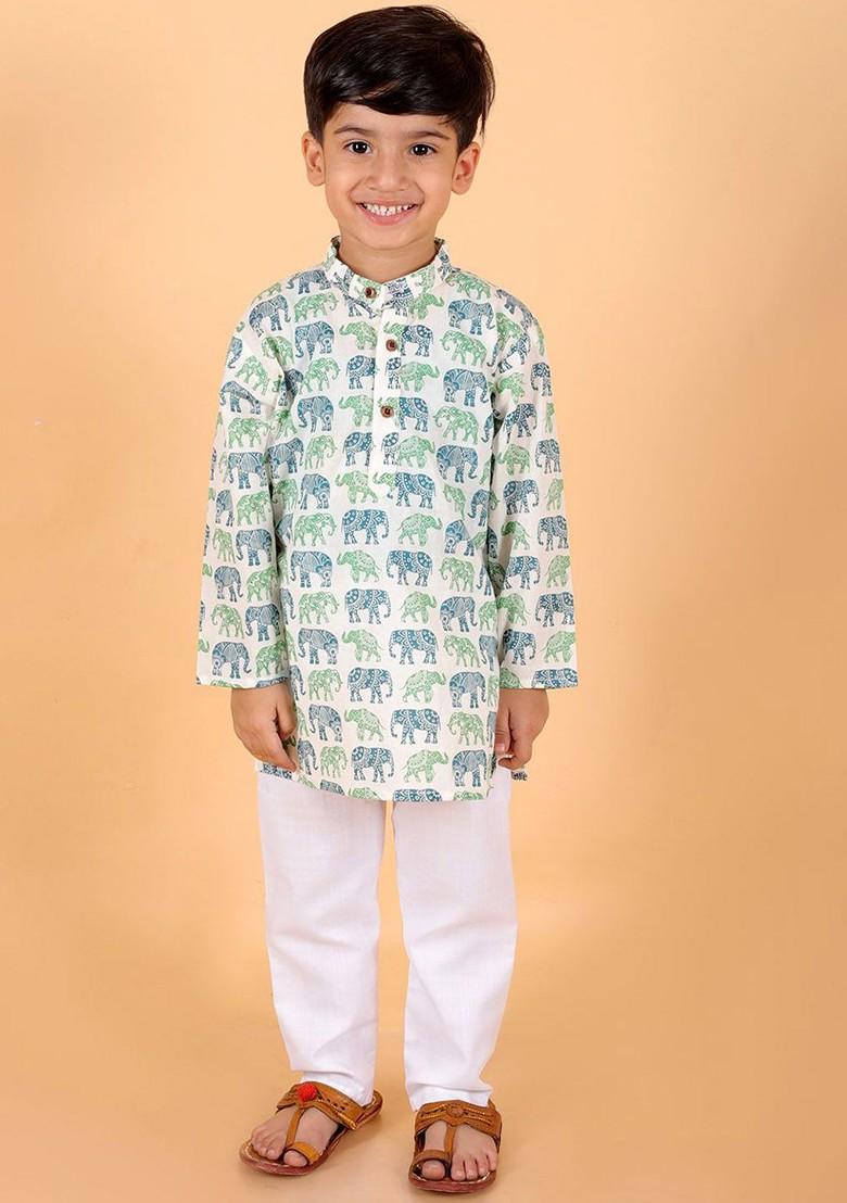 White Printed Cotton Kurta Set For Boys - Indya