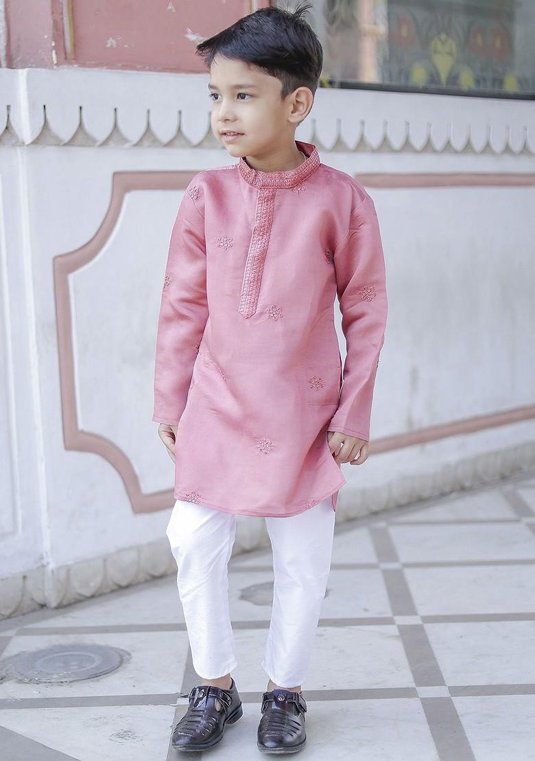 Pink Embroidered Cotton Kurta Set For Boys - Indya