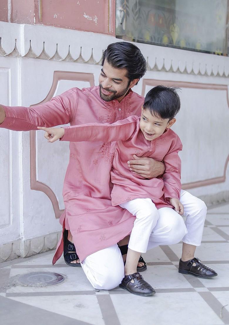 Pink Embroidered Cotton Kurta Set For Boys - Indya