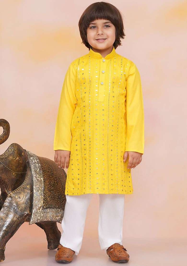 Yellow Solid Blended Kurta Set For Boys - Indya