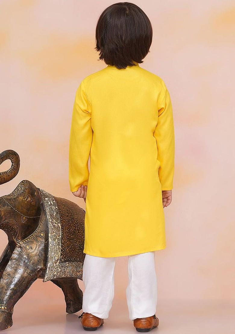 Yellow Solid Blended Kurta Set For Boys - Indya