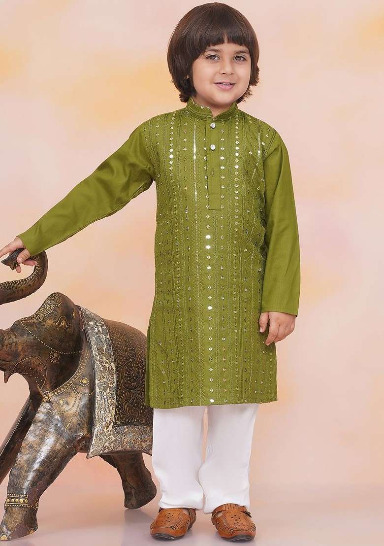 Green Printed Blended Kurta Set For Boys - Indya