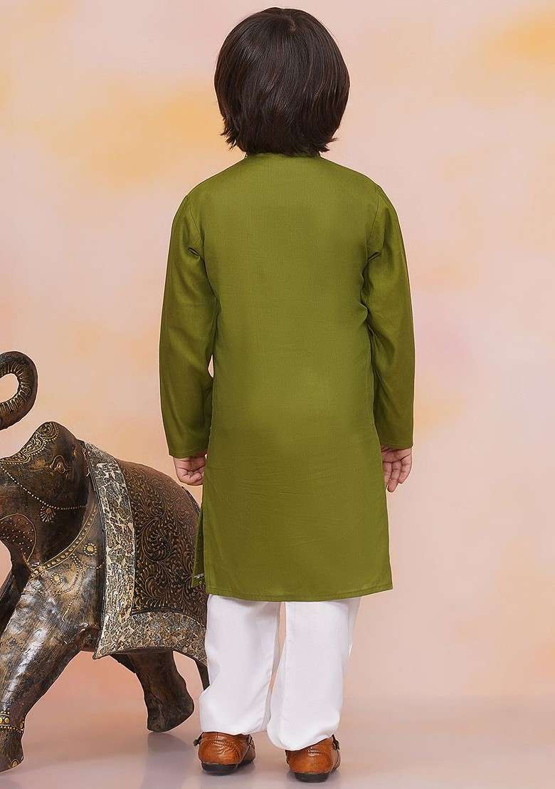 Green Printed Blended Kurta Set For Boys - Indya