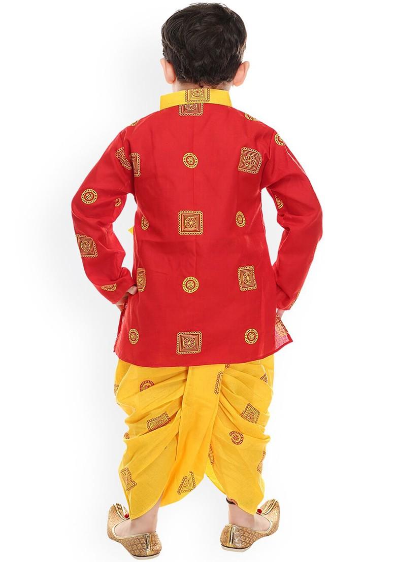 Red Printed Cotton Kurta Dhoti Set For Boys - Indya