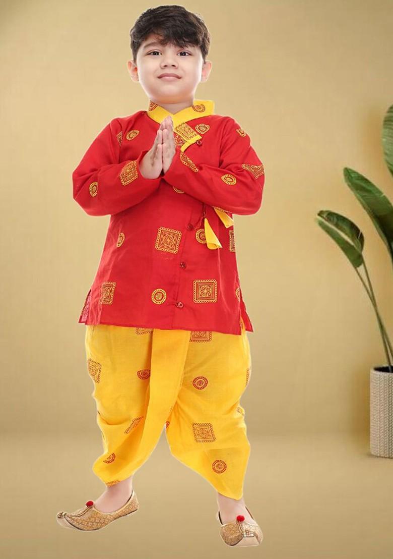 Red Printed Cotton Kurta Dhoti Set For Boys - Indya