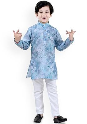 Blue Printed Blended Kurta Set For Boys