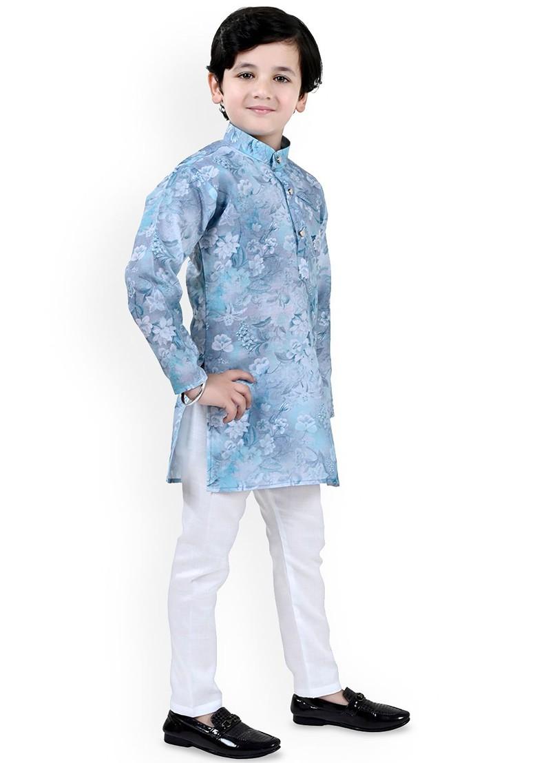 Blue Printed Blended Kurta Set For Boys - Indya