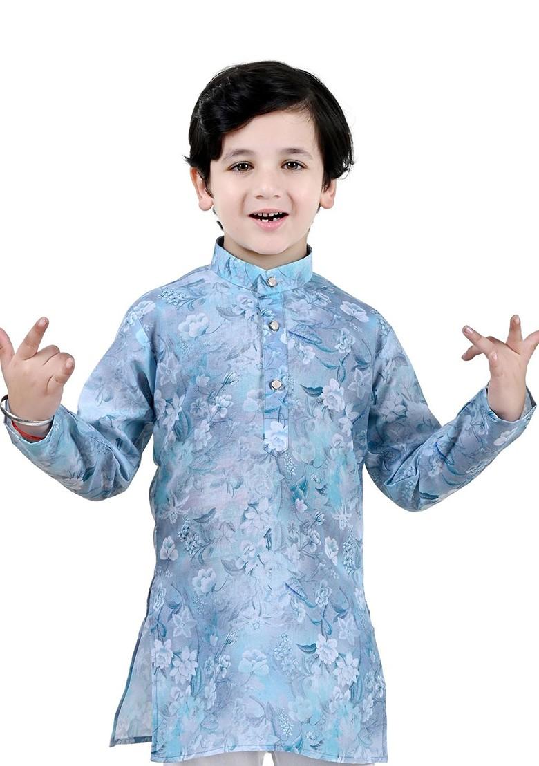 Blue Printed Blended Kurta Set For Boys - Indya