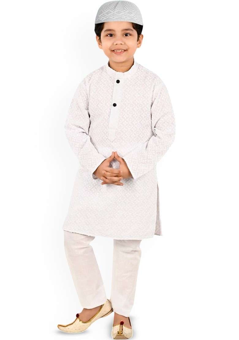 White Printed Blended Kurta Set For Boys - Indya