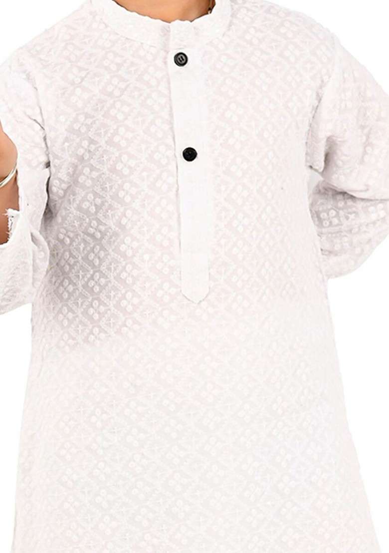 White Printed Blended Kurta Set For Boys - Indya