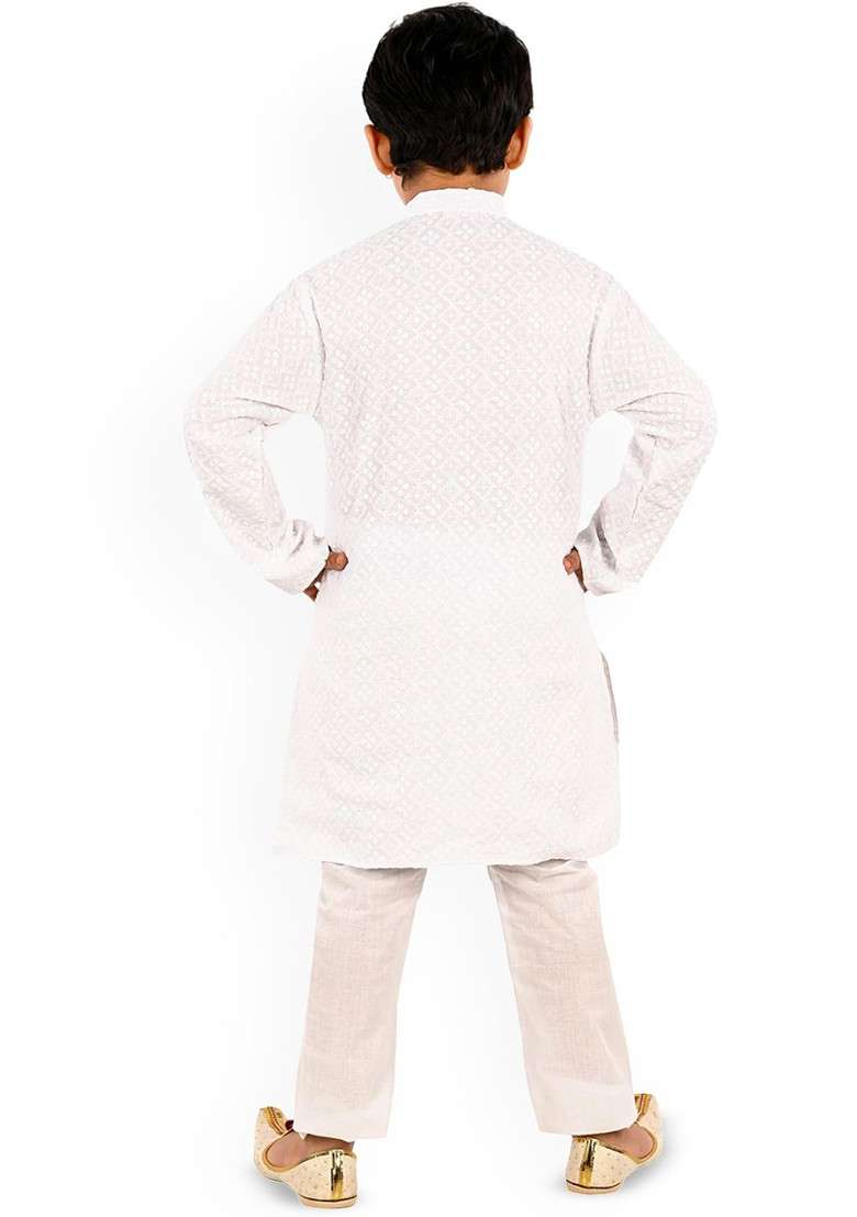 White Printed Blended Kurta Set For Boys - Indya