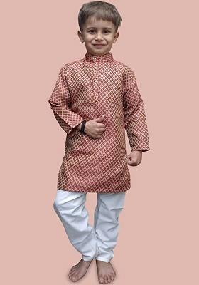 Red Woven Design Cotton Kurta Set For Boys