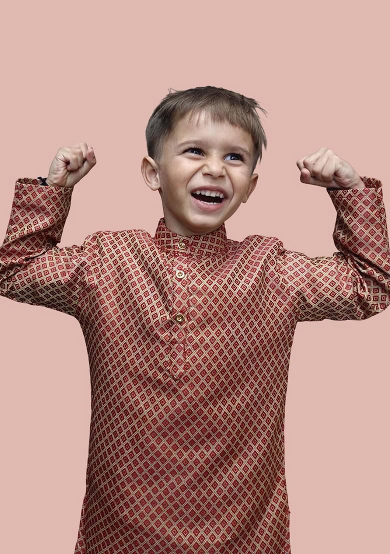 Red Woven Design Cotton Kurta Set For Boys - Indya