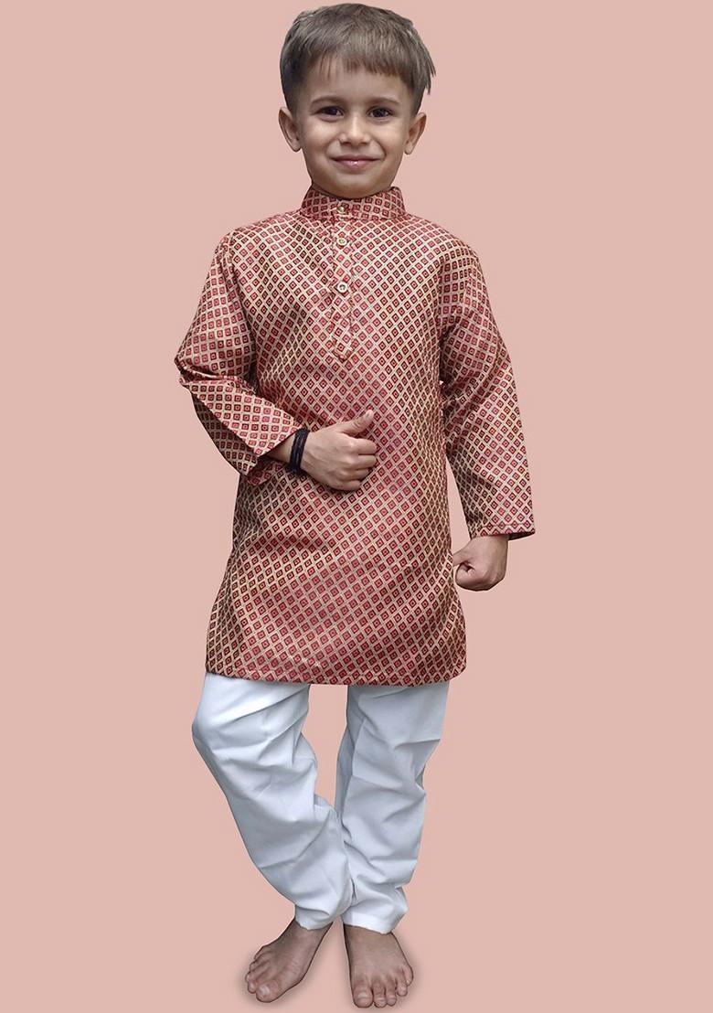 Red Woven Design Cotton Kurta Set For Boys - Indya