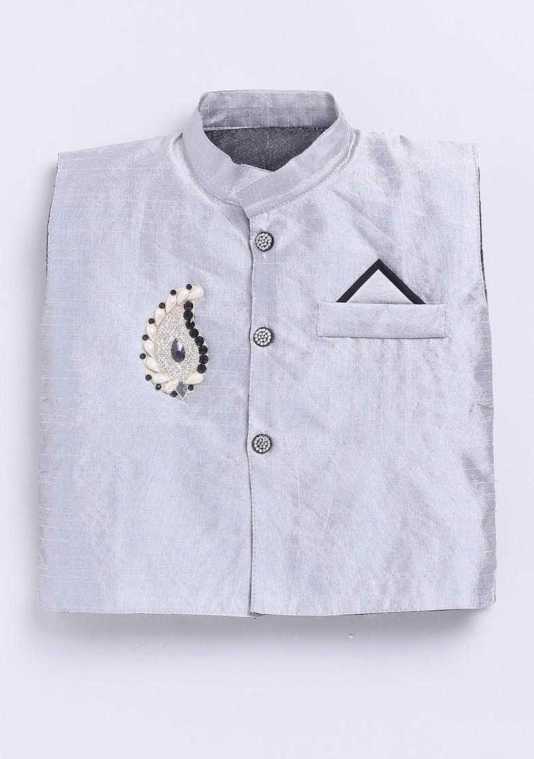 Black Embroidered Blended Kurta Set For Boys - Indya