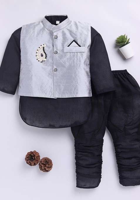 Black Embroidered Blended Kurta Set For Boys
