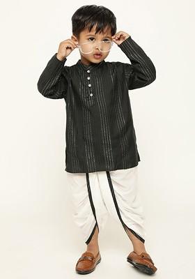 Black Striped Blended Kurta Dhoti Set For Boys