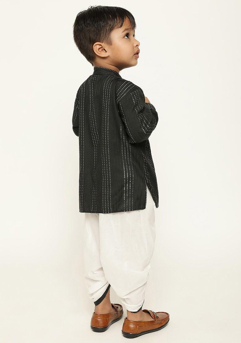 Black Striped Blended Kurta Dhoti Set For Boys - Indya