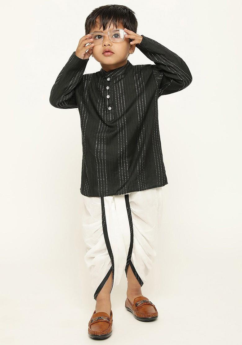 Black Striped Blended Kurta Dhoti Set For Boys - Indya