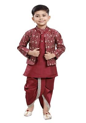 Red Embroidered Blended Kurta Dhoti Set For Boys