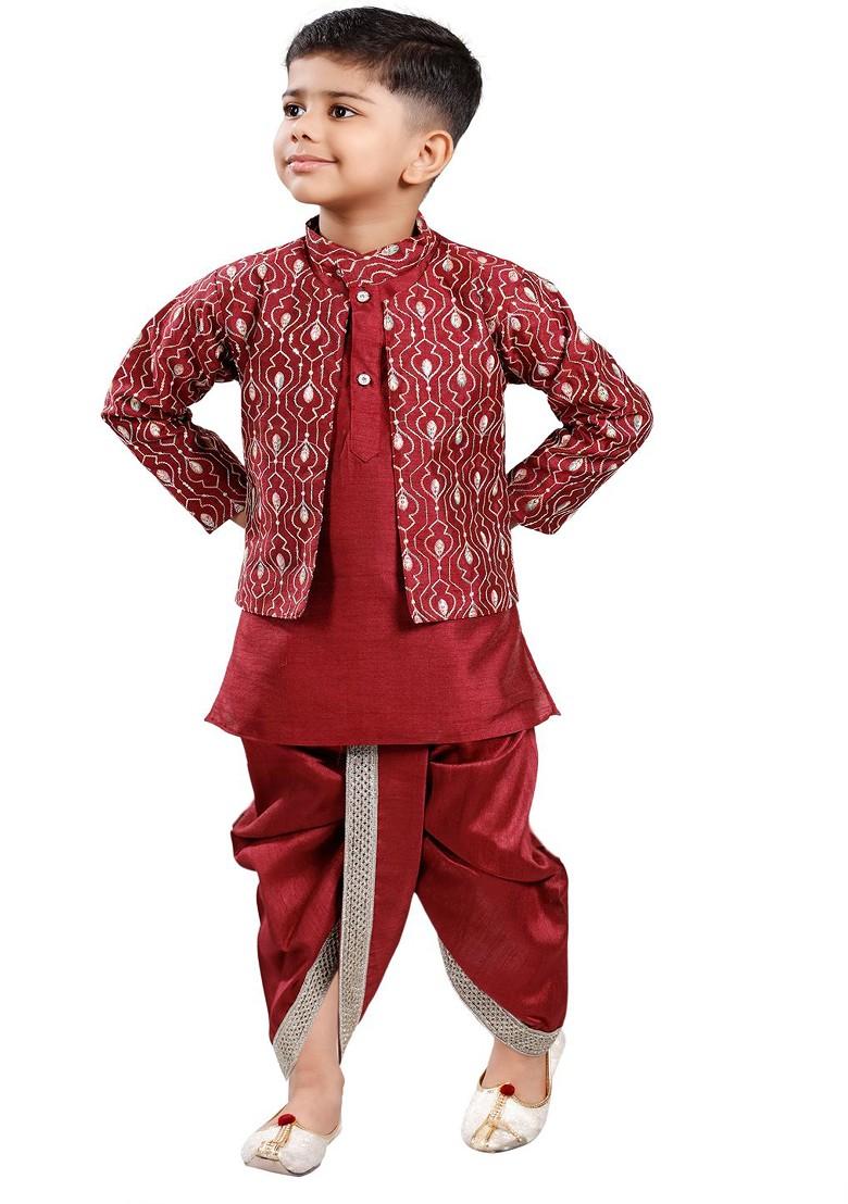 Red Embroidered Blended Kurta Dhoti Set For Boys - Indya