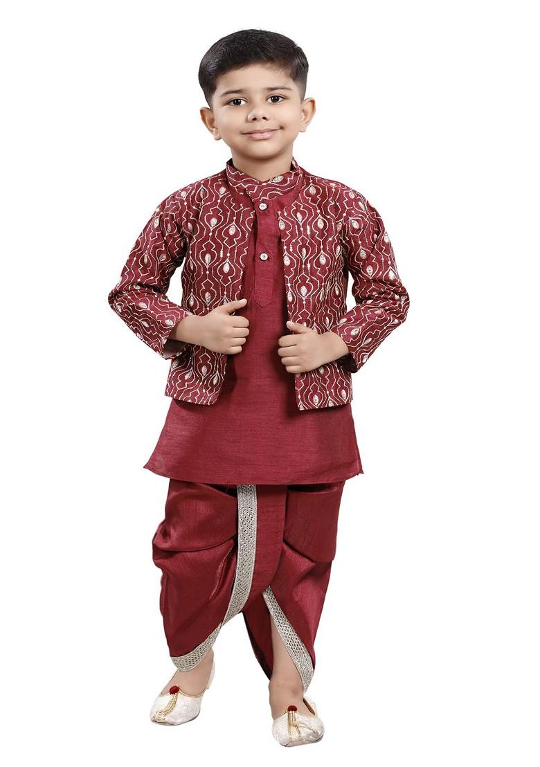 Red Embroidered Blended Kurta Dhoti Set For Boys - Indya