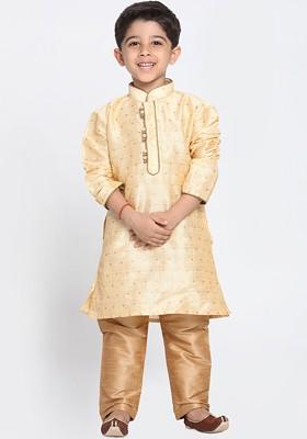 Gold Self Design Blended Kurta Set For Boys