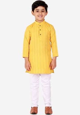 Yellow Striped Blended Kurta Set For Boys