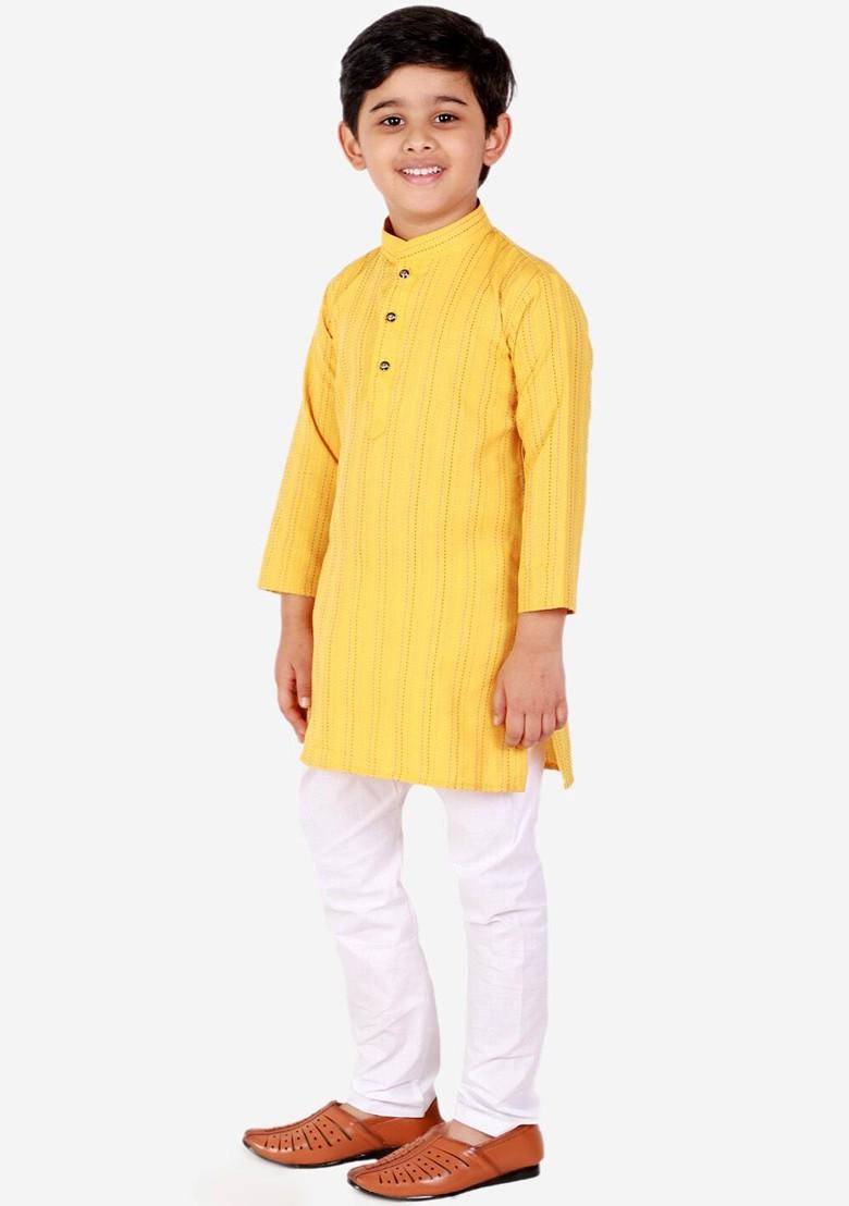 Yellow Striped Blended Kurta Set For Boys - Indya