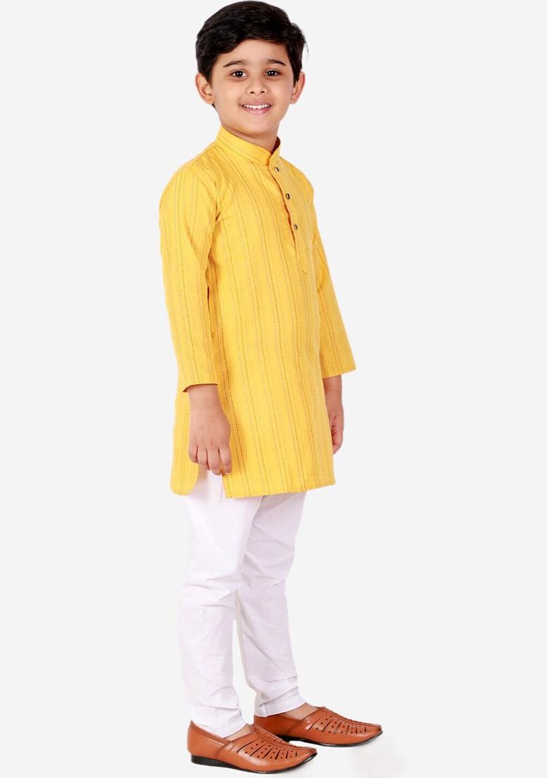 Yellow Striped Blended Kurta Set For Boys - Indya