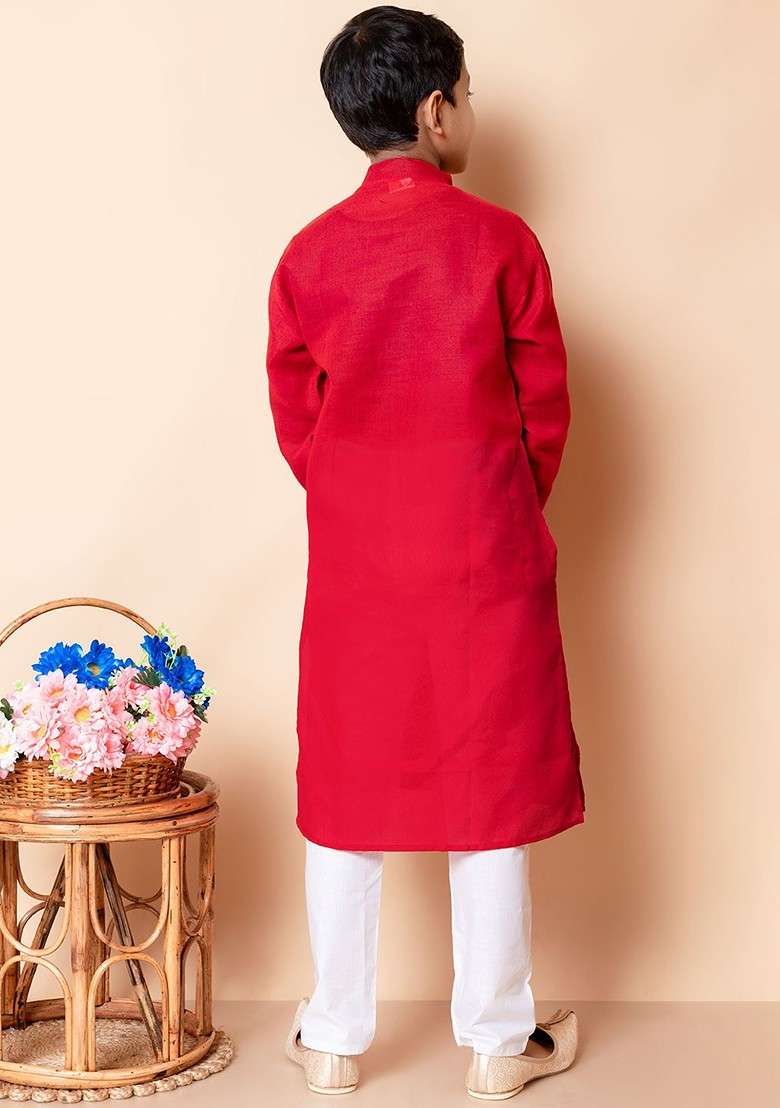 Red Embroidered Blended Kurta Set For Boys - Indya