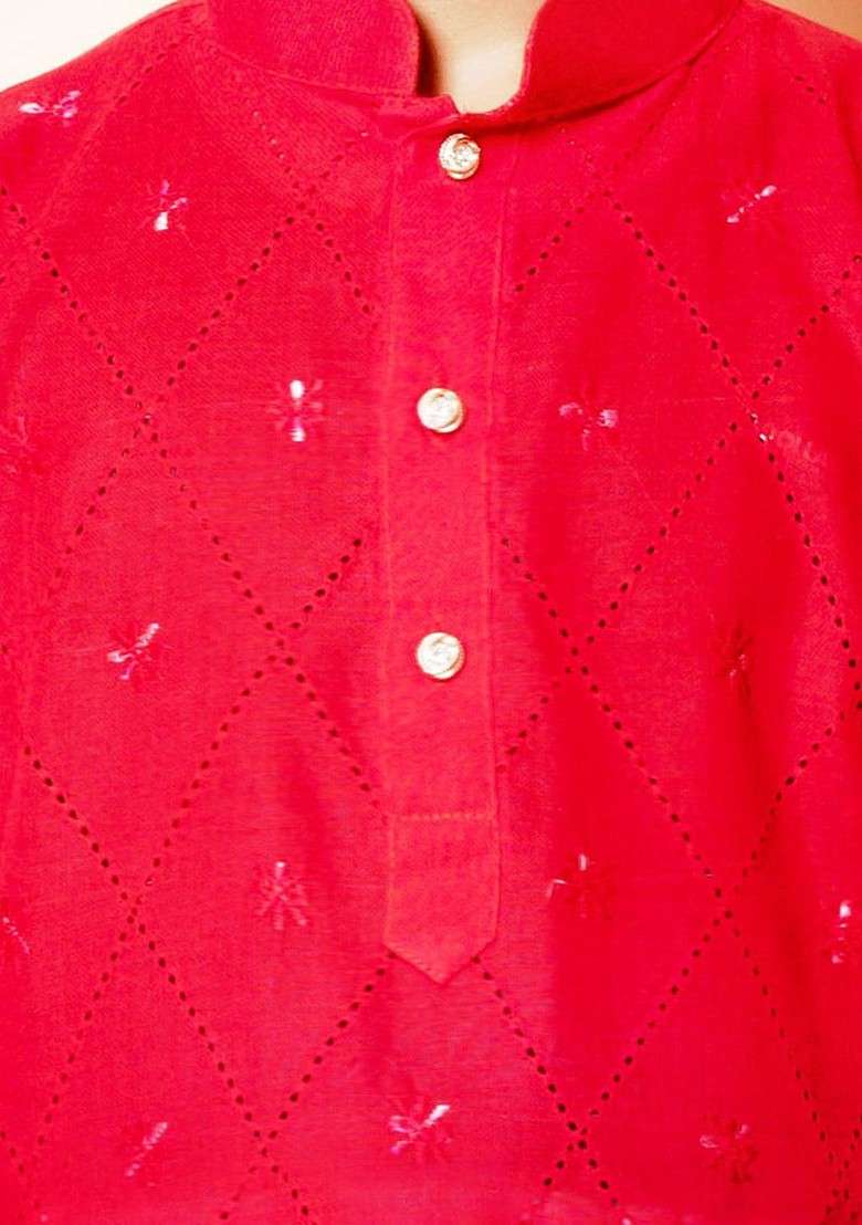 Red Embroidered Blended Kurta Set For Boys - Indya