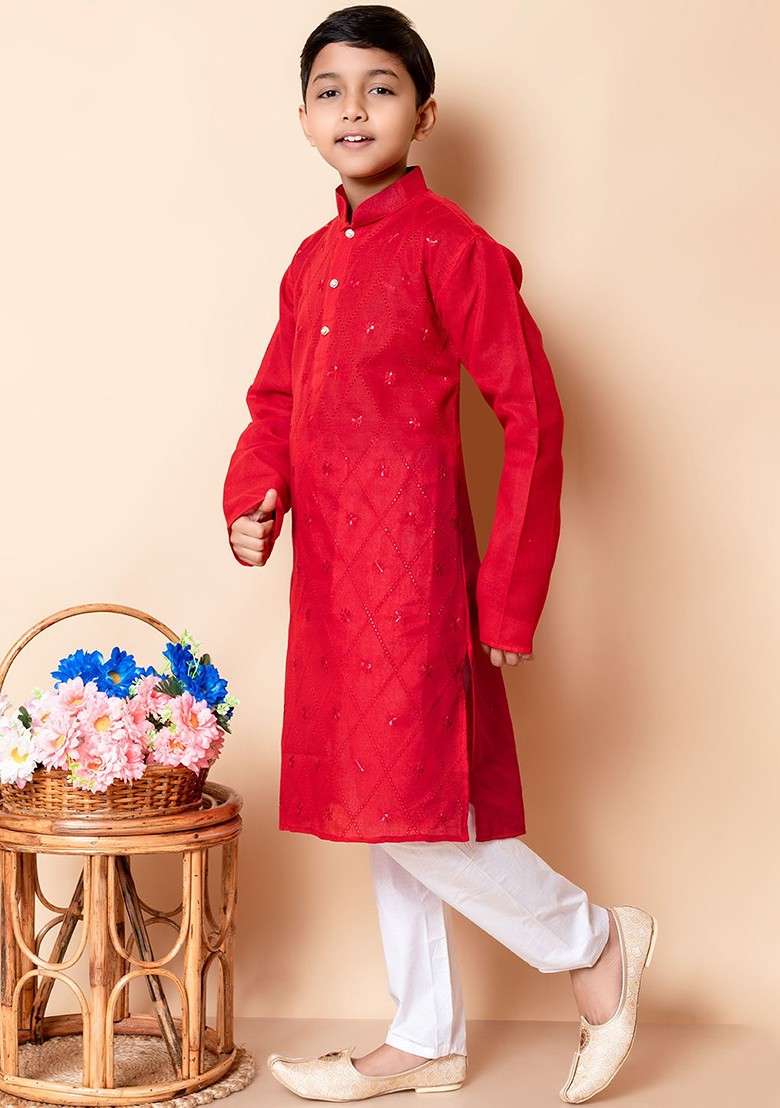 Red Embroidered Blended Kurta Set For Boys - Indya