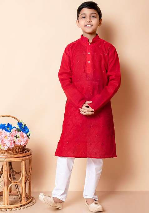 Red Embroidered Blended Kurta Set For Boys