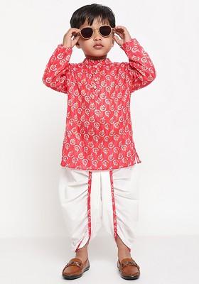 Pink Printed Blended Kurta Dhoti Set For Boys
