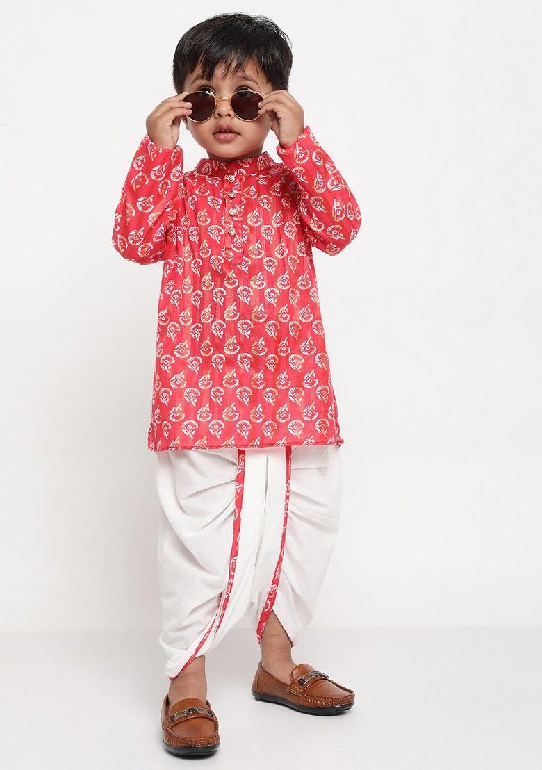 Pink Printed Blended Kurta Dhoti Set For Boys - Indya