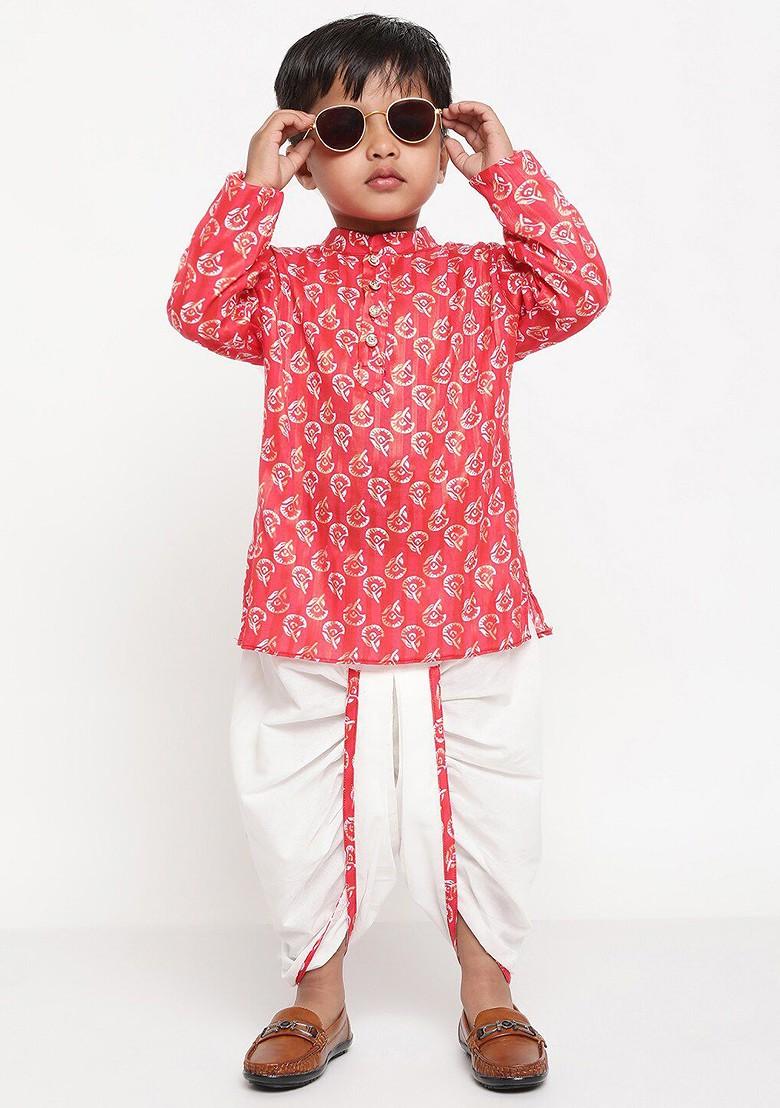 Pink Printed Blended Kurta Dhoti Set For Boys - Indya