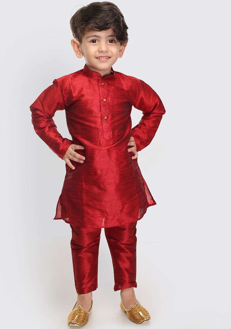 Maroon Embroidered Silk Kurta Set For Boys - Indya