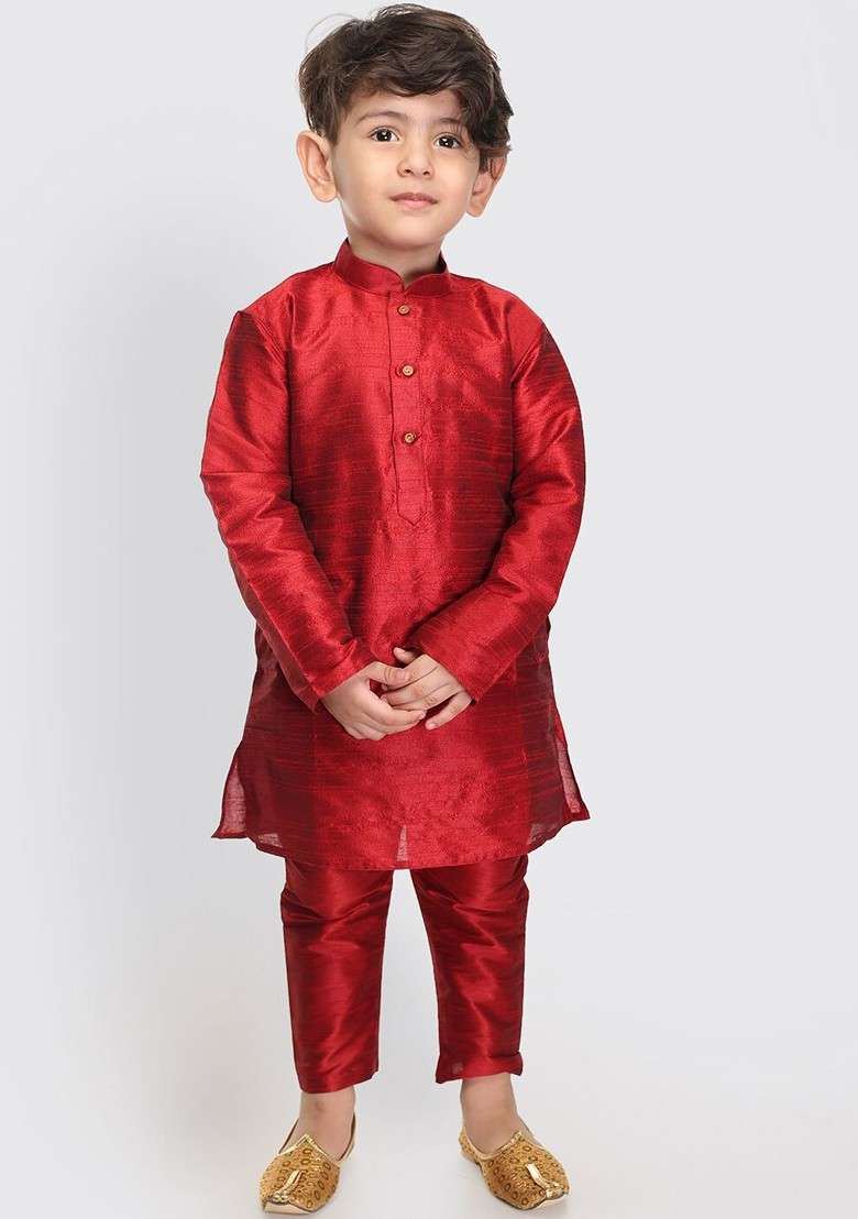 Maroon Embroidered Silk Kurta Set For Boys - Indya