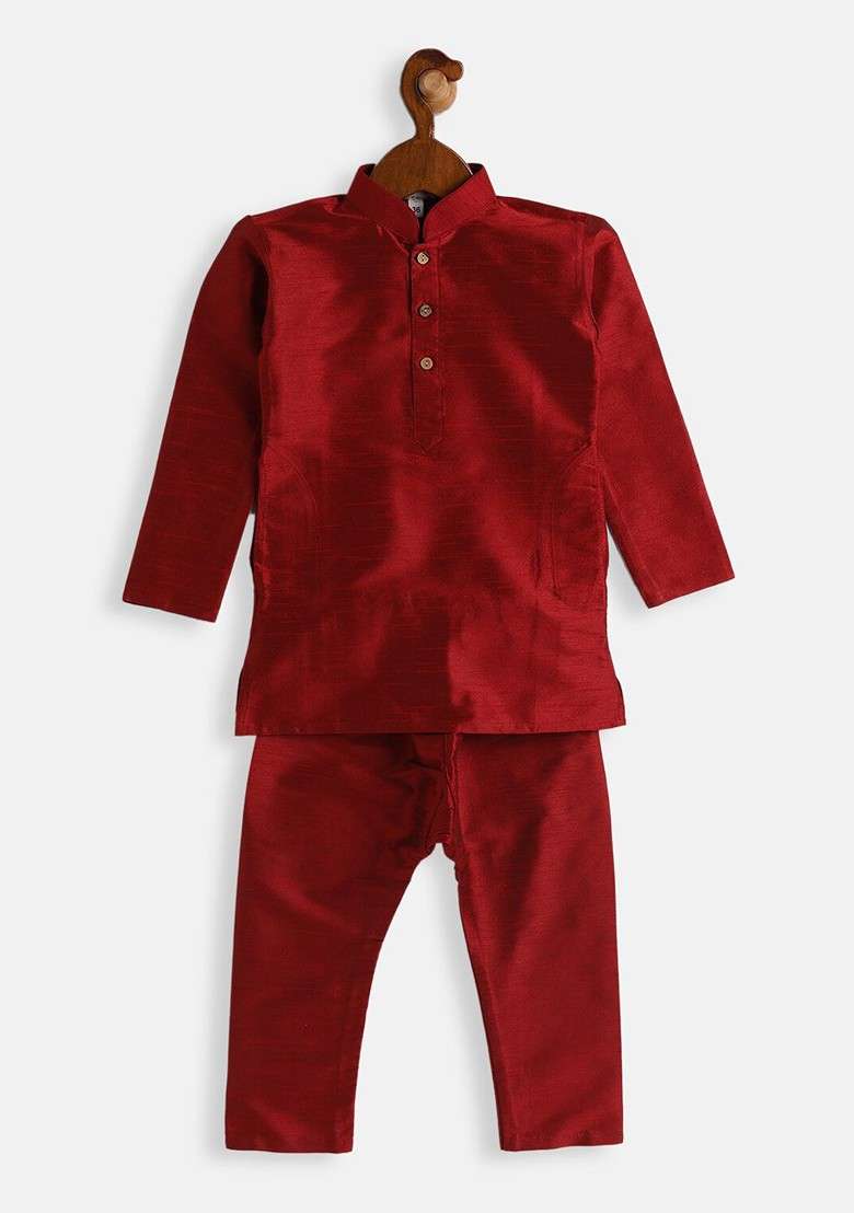 Maroon Embroidered Silk Kurta Set For Boys - Indya