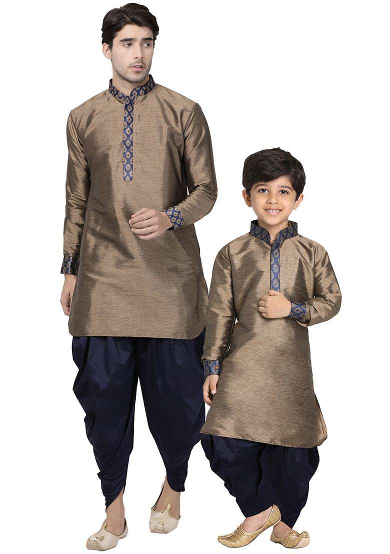Navy Blue Yoke Design Blended Kurta Set For Boys - Indya