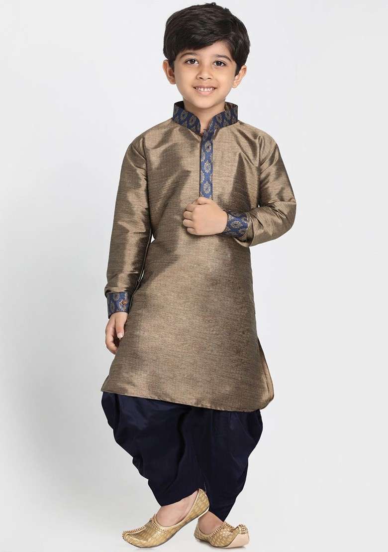 Navy Blue Yoke Design Blended Kurta Set For Boys - Indya