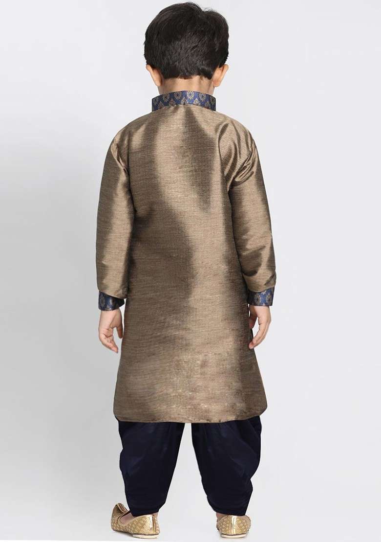 Navy Blue Yoke Design Blended Kurta Set For Boys - Indya